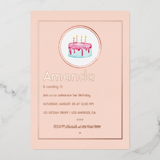 バラ金ゴールドと赤面ピンク4thバースデーガールパーティー 箔招待状 (正面)