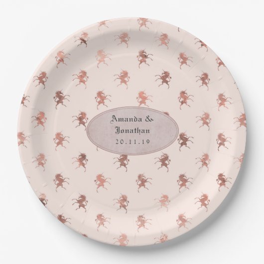 バラ金ゴールドと赤面フォイルヴィンテージユニコーン結婚ズ ペーパープレート (正面)