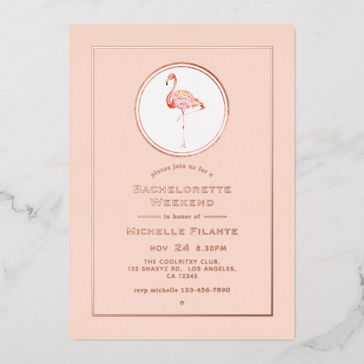 バラ金ゴールドと赤面フラミンゴバチェロレッテ週末 箔招待状 (正面)