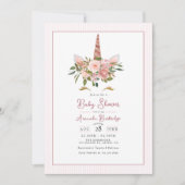 バラ金ゴールドと赤面フローラユニコーンベビーシャワー 招待状 (正面)