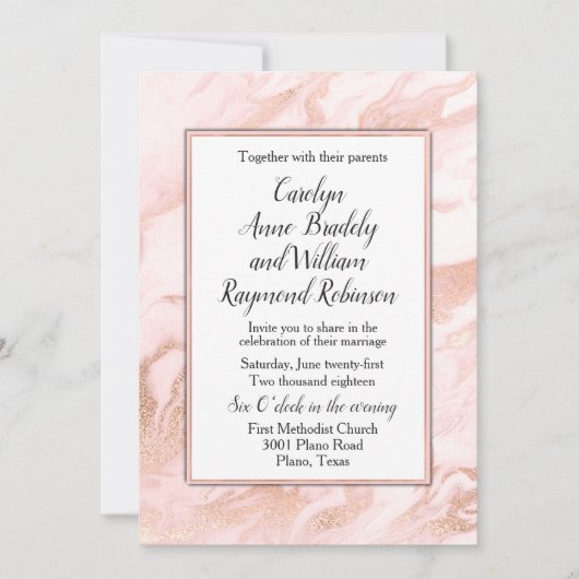 バラ金ゴールドと赤面マーブル結婚式招待状 招待状 (正面)