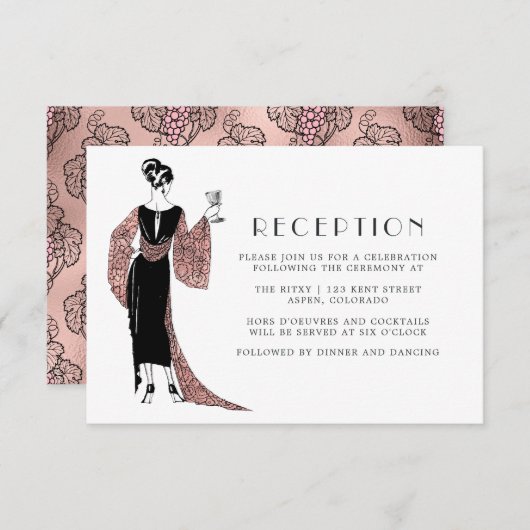 バラ金ゴールドと赤面ワインをテーマにしたウェディングレセプション エンクロージャーカード (正面/裏面)