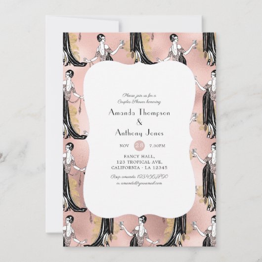 バラ金ゴールドと赤面ワインテイスティングカップルシャワー 招待状 (正面)