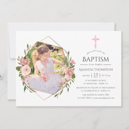 バラ金ゴールドと赤面幾何バプテスマまたは《キリスト教》洗礼式や命名式 招待状 (正面)