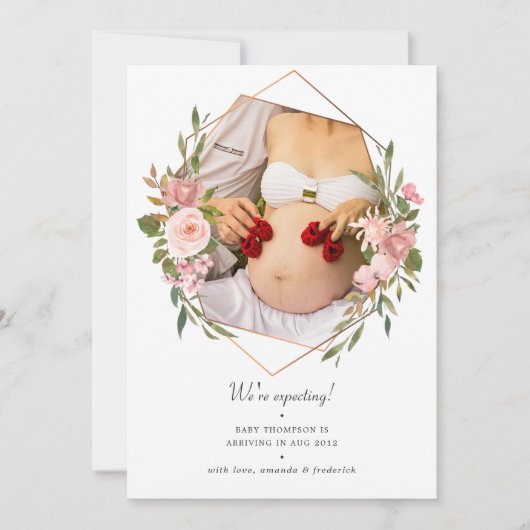 バラ金ゴールドと赤面幾何写真妊娠 案内状 (正面)