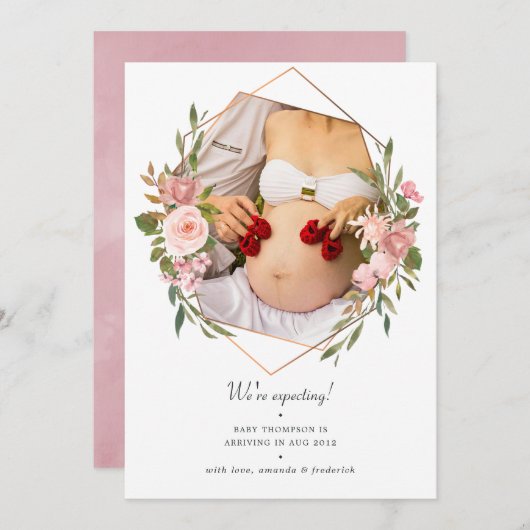 バラ金ゴールドと赤面幾何写真妊娠 案内状 (正面/裏面)