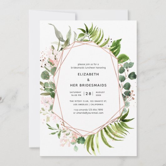 バラ金ゴールドと赤面幾何学的ブリデスメイドランチョン 招待状 (正面)