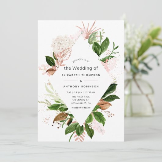 バラ金ゴールドと赤面幾何学的結婚緑 招待状 (スタンド正面)