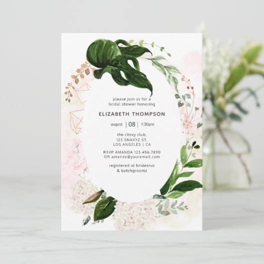 バラ金ゴールドと赤面幾何学緑化ブライダルシャワー 招待状 (スタンド正面)