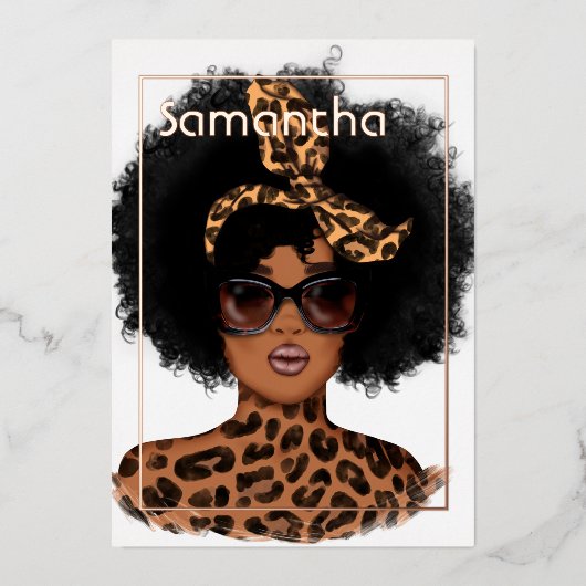 バラ金ゴールドと金ゴールドレオパードアフロバースデーパーティー 箔招待状 (正面)