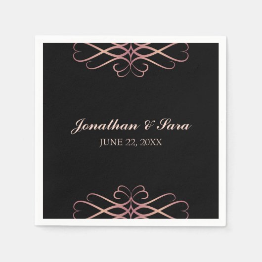 バラ金ゴールドと黒エレガントパーソナライズされた結婚の スタンダードカクテルナプキン (正面)