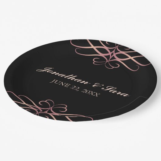 バラ金ゴールドと黒エレガントパーソナライズされた結婚の ペーパープレート (アングル)