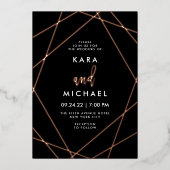 バラ金ゴールドと黒エレガント幾何結婚図形 箔招待状 (正面)