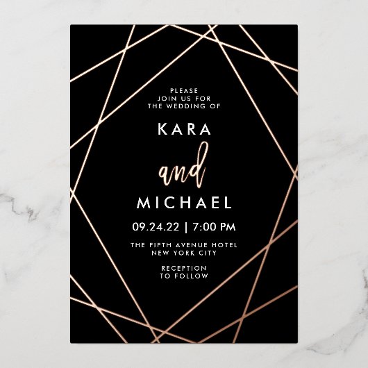バラ金ゴールドと黒エレガント幾何結婚図形 箔招待状 (正面)