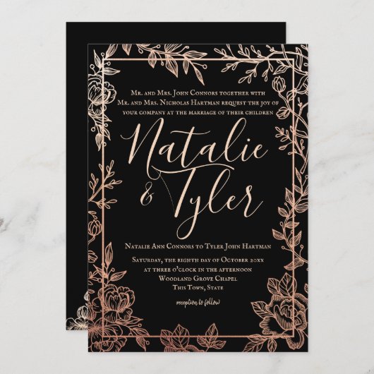 バラ金ゴールドと黒フローラスケッチフレームクラシック 招待状 (正面/裏面)