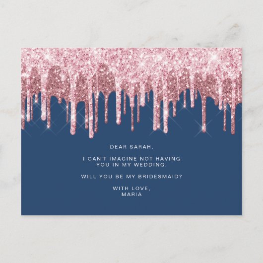 バラ金ゴールドのグリッターを飲むと私の花嫁の付き添いになる インビテーションポストカード (裏面)