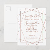 バラ金ゴールドのジオメトリホワイトスクリプトで日付を保存 案内ポストカード (正面/裏面)