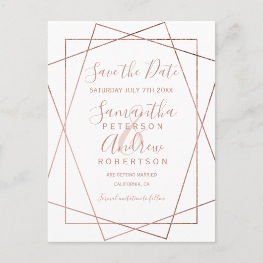 バラ金ゴールドのジオメトリホワイトスクリプトで日付を保存 案内ポストカード (正面)