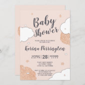 バラ金ゴールドのピンクの雲が女の子の赤ちゃんのシャワーを星にする 招待状 (正面/裏面)