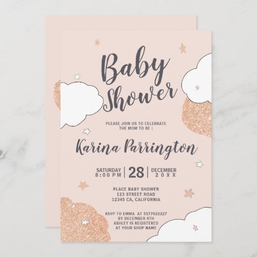 バラ金ゴールドのピンクの雲が女の子の赤ちゃんのシャワーを星にする 招待状 (正面/裏面)
