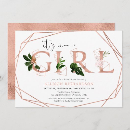 バラ金ゴールドのモダン緑の女の子の赤シャワー 招待状 (正面/裏面)