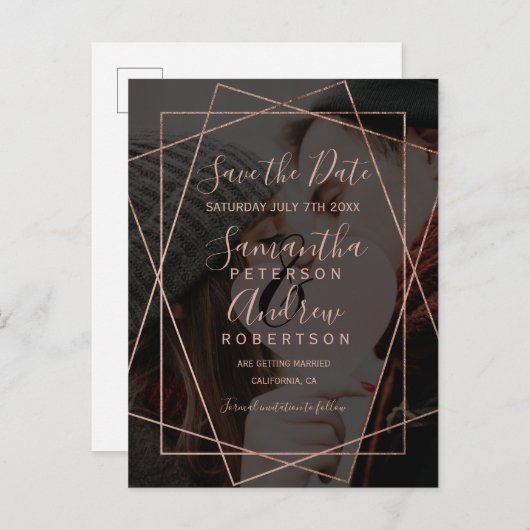 バラ金ゴールドの幾何学的なスクリプトの写真で日付を保存 案内ポストカード (正面/裏面)