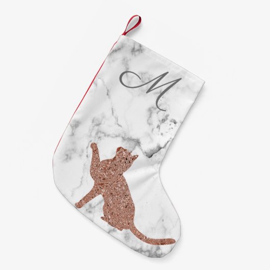 バラ金ゴールドの猫シルエット-モノグラム スモールクリスマスストッキング (正面 (吊り時))