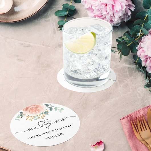 バラ金ゴールドの花の結婚緑ミセス ラウンドペーパーコースター