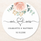 バラ金ゴールドの花の結婚緑ミセス ラウンドペーパーコースター (正面)