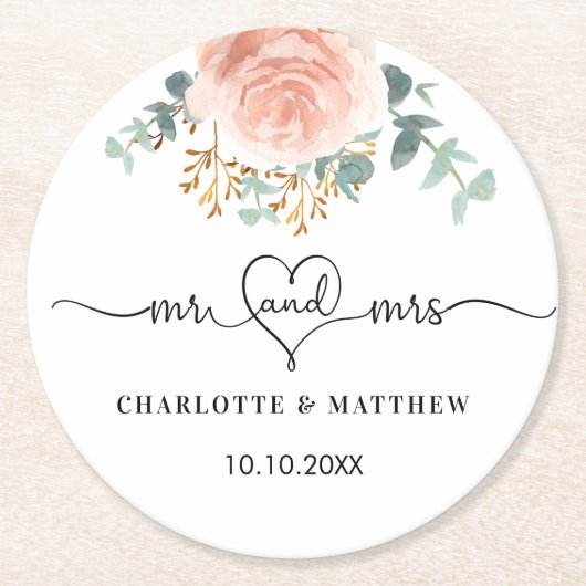 バラ金ゴールドの花の結婚緑ミセス ラウンドペーパーコースター (正面)