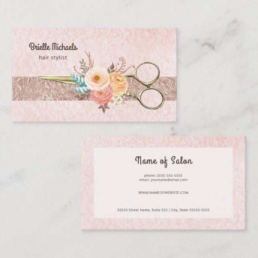 バラ金ゴールドはさみエレガントフローラ美容師 名刺 (正面/裏面)