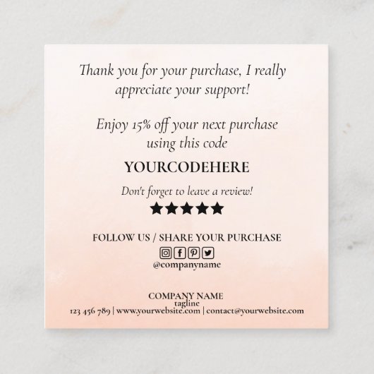 バラ金ゴールドは注文感謝していのハートを乾燥させる スクエア名刺 (裏面)