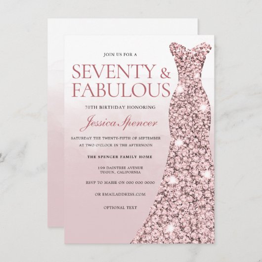 バラ金ゴールドほこりっぽいバラピンク女性70誕生日 招待状 (正面/裏面)