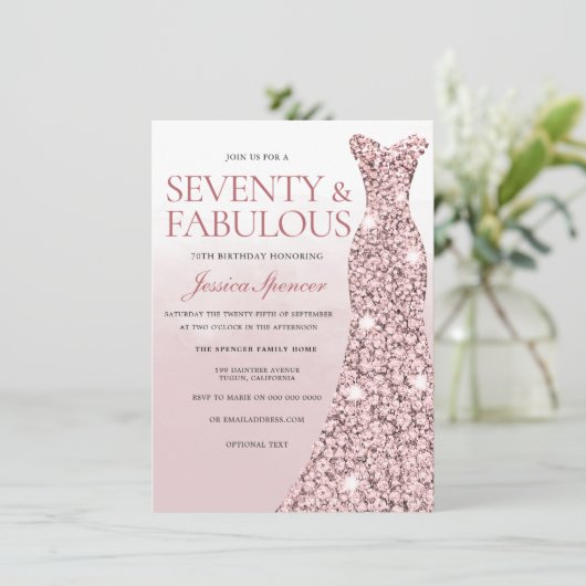 バラ金ゴールドほこりっぽいバラピンク女性70誕生日 招待状 (スタンド正面)