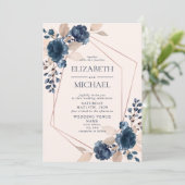 バラ金ゴールドほこりっぽいピンクのネイビーフローラ幾何学的な写真 招待状 (スタンド正面)