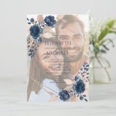バラ金ゴールドほこりっぽいピンクのネイビーフローラ幾何学的な写真 招待状 (スタンド正面)