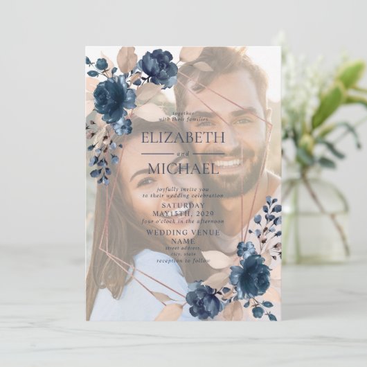 バラ金ゴールドほこりっぽいピンクのネイビーフローラ幾何学的な写真 招待状 (スタンド正面)