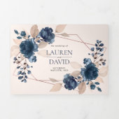 バラ金ゴールドほこりっぽいピンクのネイビーフローラ幾何学的 三つ折り招待状 (カバー)