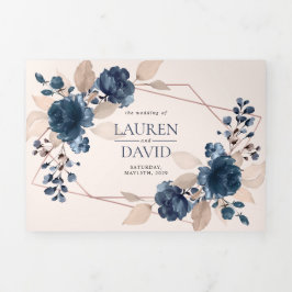 バラ金ゴールドほこりっぽいピンクのネイビーフローラ幾何学的 三つ折り招待状