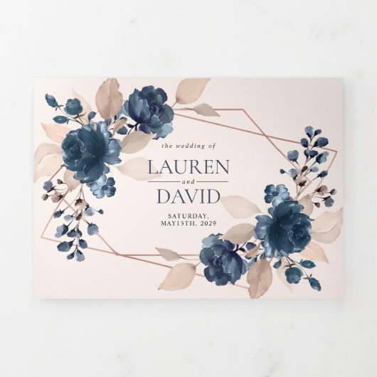 バラ金ゴールドほこりっぽいピンクのネイビーフローラ幾何学的 三つ折り招待状 (カバー)