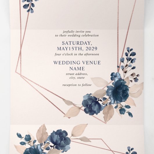 バラ金ゴールドほこりっぽいピンクのネイビーフローラ幾何学的 三つ折り招待状 (内部中)