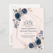 バラ金ゴールドほこりっぽいピンクネイビーフローラ遅延の日付 案内ポストカード (正面/裏面)