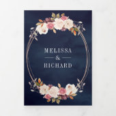 バラ金ゴールドほこりっぽいピンクフローラQRコードネイビー結婚ズ 三つ折り招待状 (カバー)