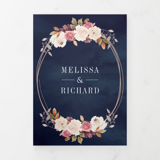 バラ金ゴールドほこりっぽいピンクフローラQRコードネイビー結婚ズ 三つ折り招待状 (カバー)