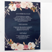 バラ金ゴールドほこりっぽいピンクフローラQRコードネイビー結婚ズ 三つ折り招待状 (内部最初)