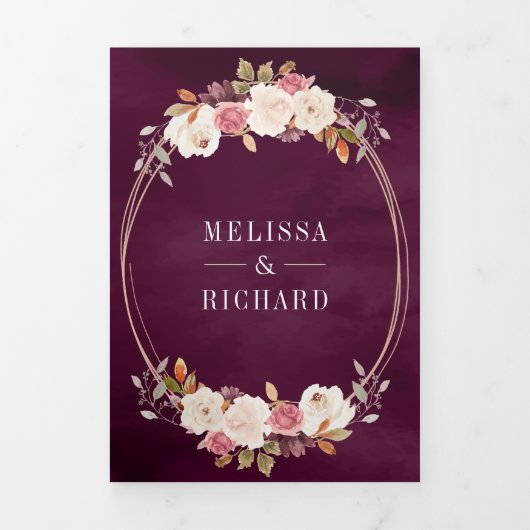 バラ金ゴールドほこりっぽいピンクフローラQRコードプラム結婚ズ 三つ折り招待状 (カバー)