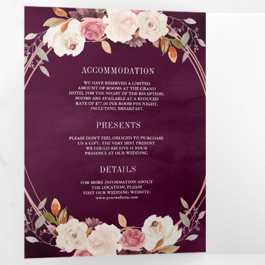 バラ金ゴールドほこりっぽいピンクフローラQRコードプラム結婚ズ 三つ折り招待状 (内部最初)