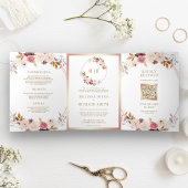 バラ金ゴールドほこりっぽいピンクフローラQRコード結婚s 三つ折り招待状