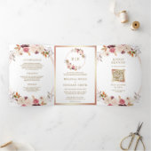バラ金ゴールドほこりっぽいピンクフローラQRコード結婚s 三つ折り招待状 (内部)