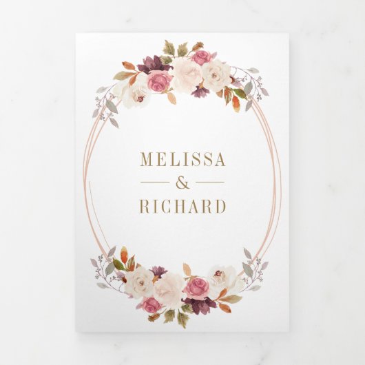 バラ金ゴールドほこりっぽいピンクフローラQRコード結婚s 三つ折り招待状 (カバー)